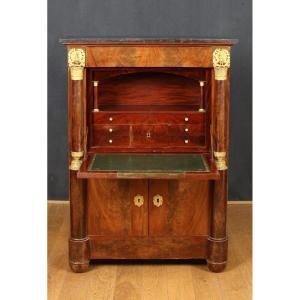 Secretary Mahogany And Gilded Bronze, Top Veined Marble, Empire XIX Century