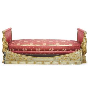 Rare Empire Style  Bed In Carved, Stuccoed, Green And Gold Lacquered Wood, XIX Century