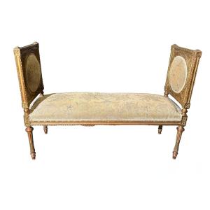 Large Gilded And Carved Wooden Bench Decorated With Medallions, Louis XVI Style