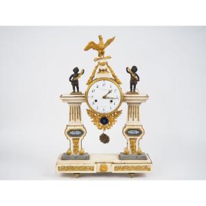 Louis XVI Portico Clock In White Marble,putti And Eagle In Gilded Bronze,signed Armingaud,paris