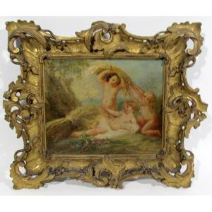 Amélie Champin  Three Reaper Cherubs”oil On Canvas, Perforated Wooden Frame, Gilded With Leaves