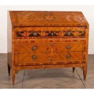 Inclined Desk In Inlay Wood, Flap And Three Drawers.  Italy, Lombardy, Circa 1770. 