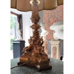 Lampe Napoléon III, En Bronze, 19ème Siècle, à Décor De Motifs Marins