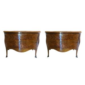 Pair Of Louis XV Dressers, Naples, With Red Marble Top, Bronze Handles And Shoes