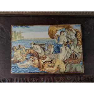 18th Century Majolica Plaque, Castles, Mythological Scene 