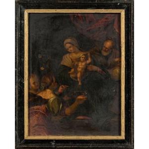 Italian School Of The 16th, "holy Family”.  Oil On Copper