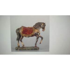 Rearing Horse With Red Saddlecloth, Polychrome Terracotta Head – Naples, 18th Century