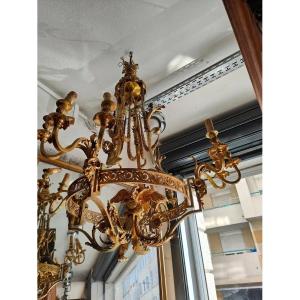 Important lustre à cage en bronze doré à 12 lumières – fin du XIXe siècle