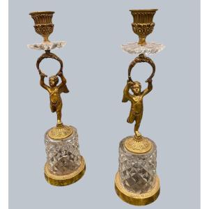 Pair Of Gilded Bronze And Cut-glass Candlesticks — Empire / Restoration Period