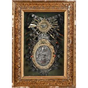 Antique Devotional Plaque In Embossed Silver And Gilded Metal, 18th Century