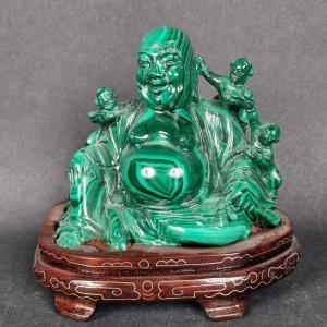 Oriental Figure Of The Buddha Of Happiness, Carved From Malachite With A Wooden Base