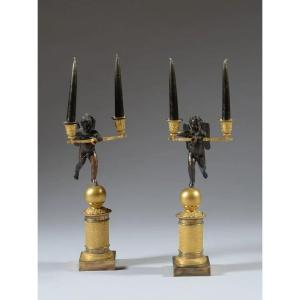 Pair Of Gilded Bronze Candelabra, Chiseled And Patinated – Empire Period