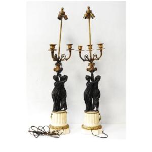 Paire de lampes de style Louis XVI en bronze doré et marbre blanc – XIXe siècle