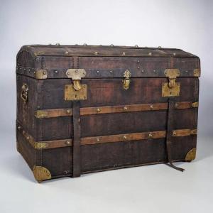 Wooden And Leather Travel Trunk With Pacific Line Labels, Circa 1900