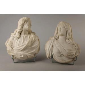 Salvator Mundi And The Virgin, A Pair Of Marble Busts – From The Provence Or Genoa Area, Circa 1700