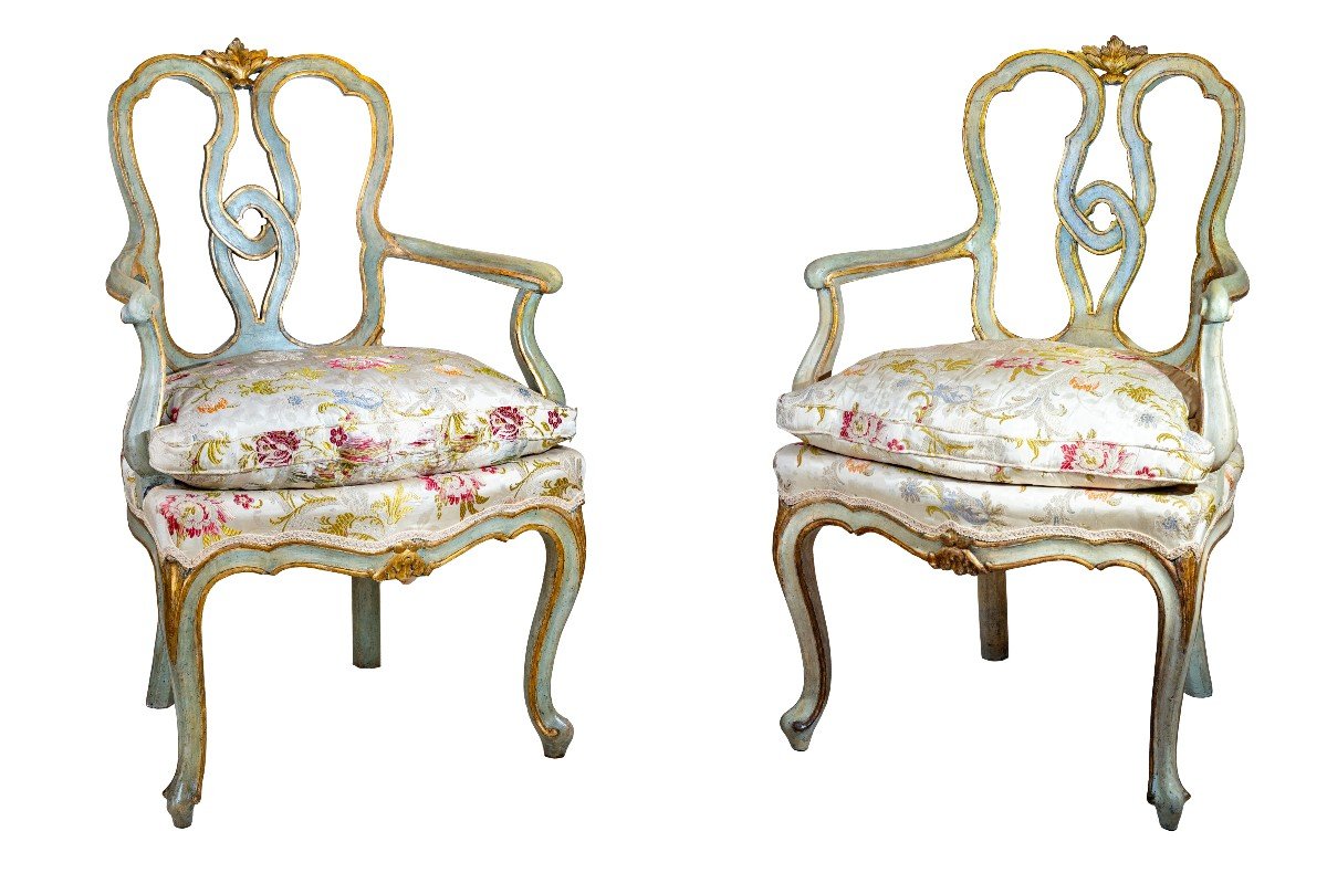 Pair Of Venetian Armchairs In Lacquered And Gilded Wood, Mid-18th Century