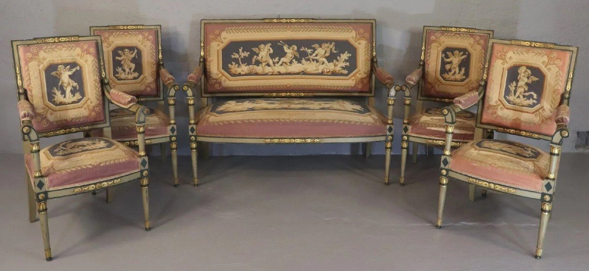 Salon En Bois Sculpté Peint Et Doré: Un Canapé Et 4 Fauteiuls - époque Directoire - XVIIIe-photo-2