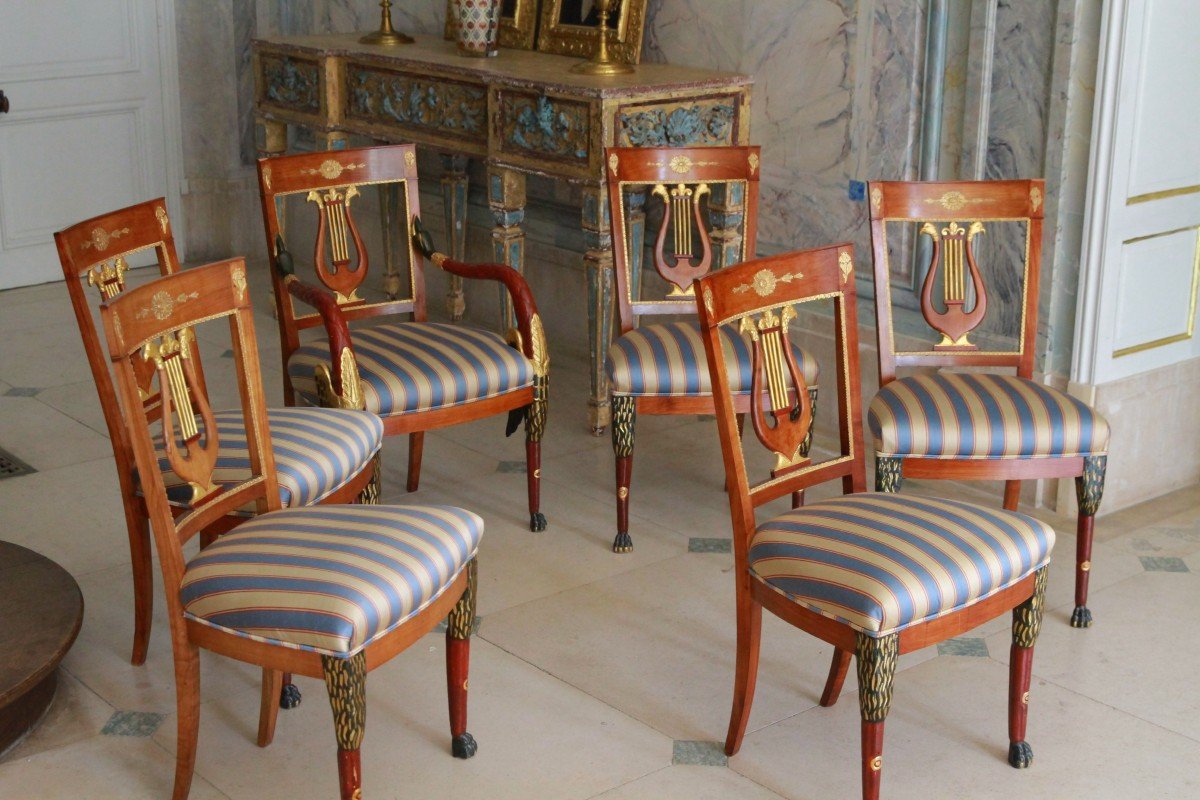 Suite Of 5 Chairs And An Armchair Italian Empire Period - Early XIX-photo-2