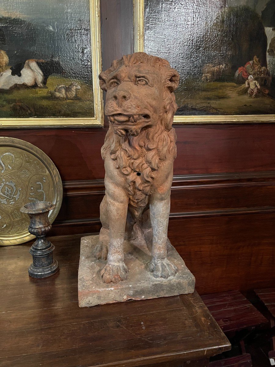 Très Belle Paire De Lions En Terre Cuite/terra Cotta - France Ou Italie - XVIIIe-photo-2