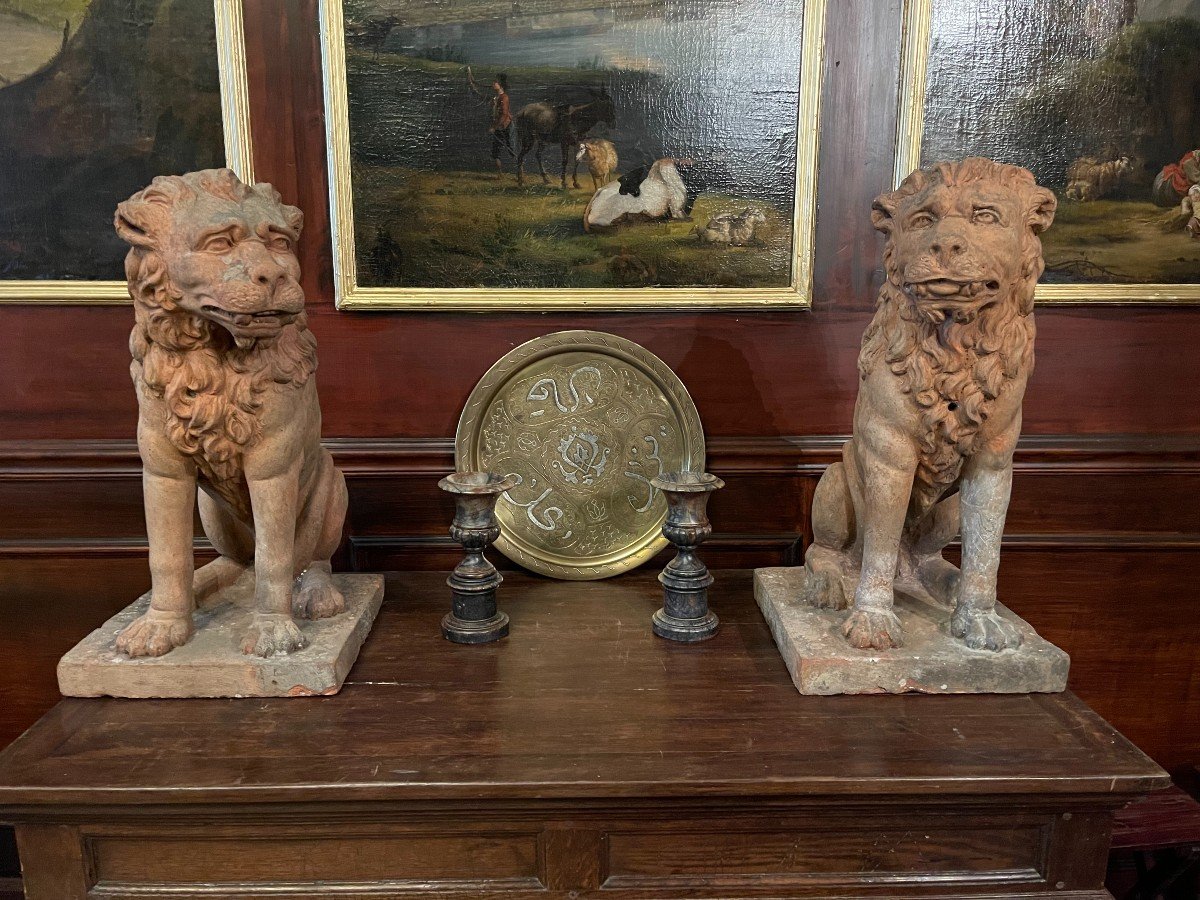 Very Beautiful Pair Of Terracotta Lions - France Or Italy - Eighteenth