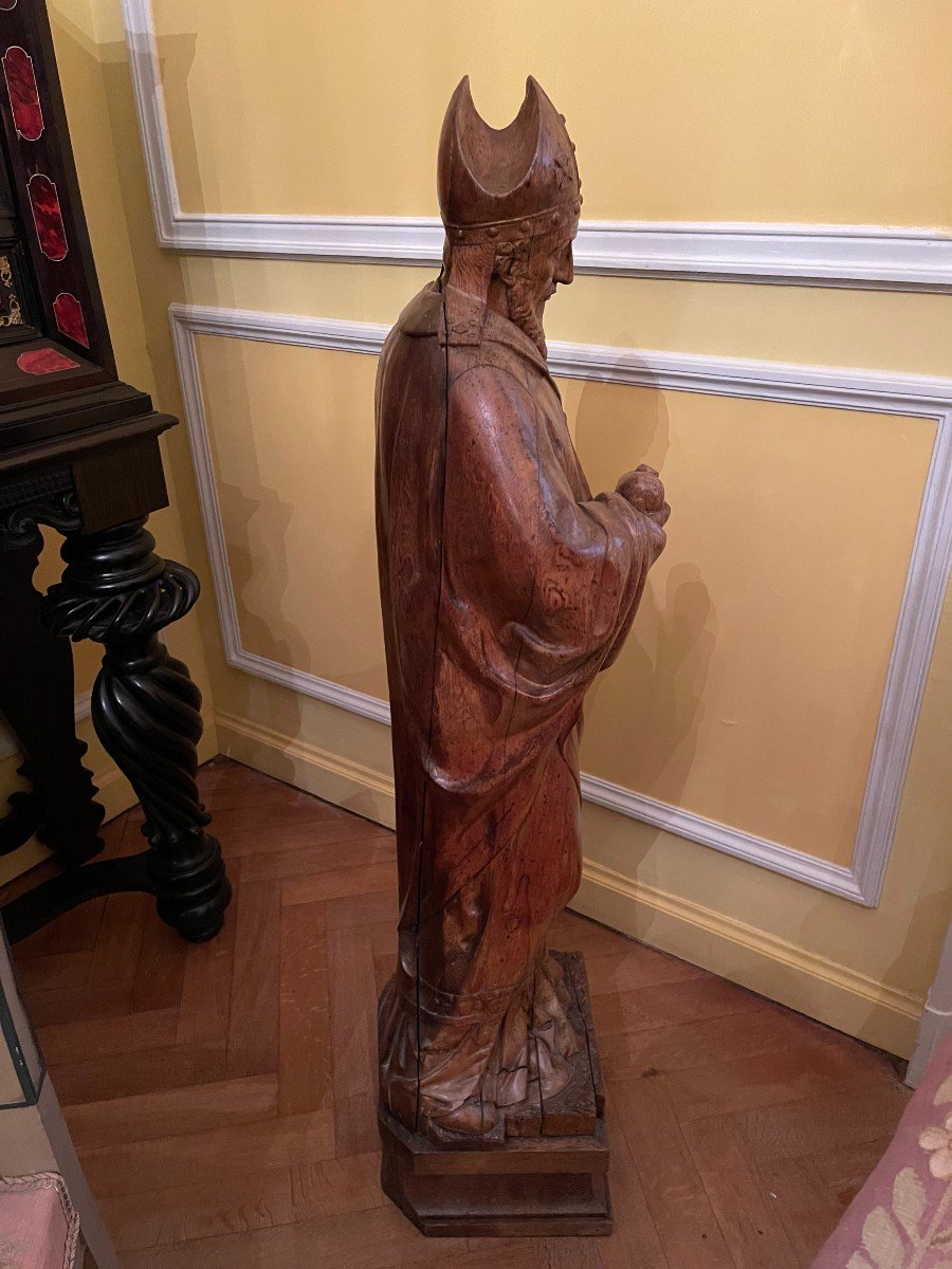 Solid Wood Sculpture - Bishop With Miter Holding A Heart - Flanders, End XVIII-photo-4