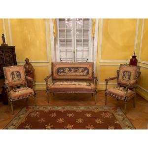  Painted And Gilded Carved Wood: A Sofa And 4 Armchairs - Directoire Period - 18th Century