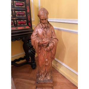 Solid Wood Sculpture - Bishop With Miter Holding A Heart - Flanders, End XVIII