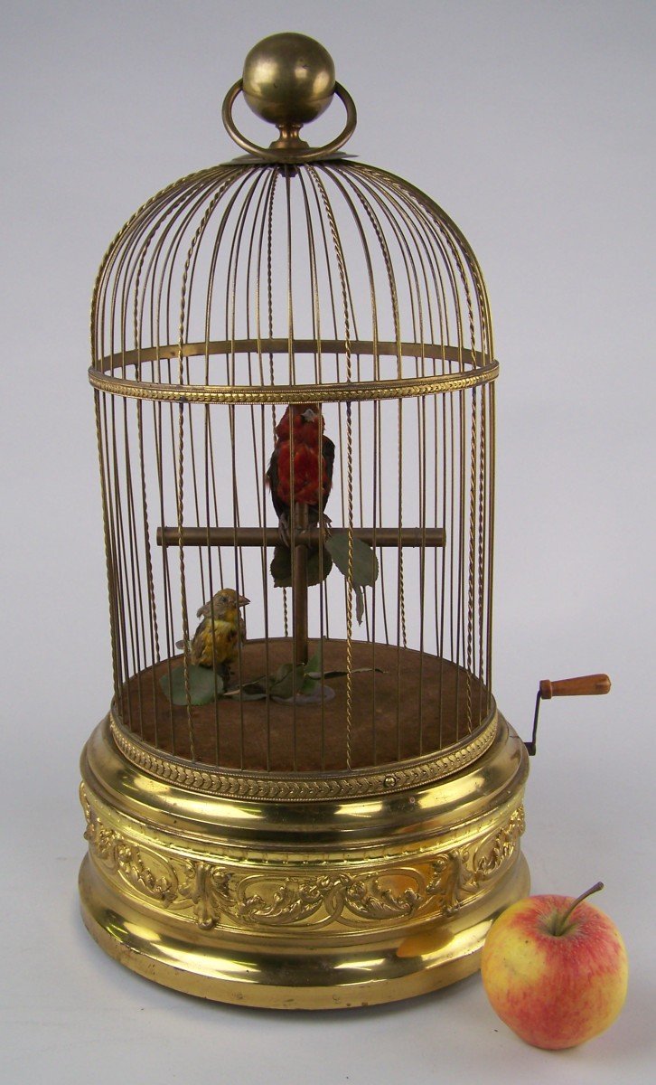 Brass Singing Bird Cage With 2 Birds By Bontems (paris)(original)