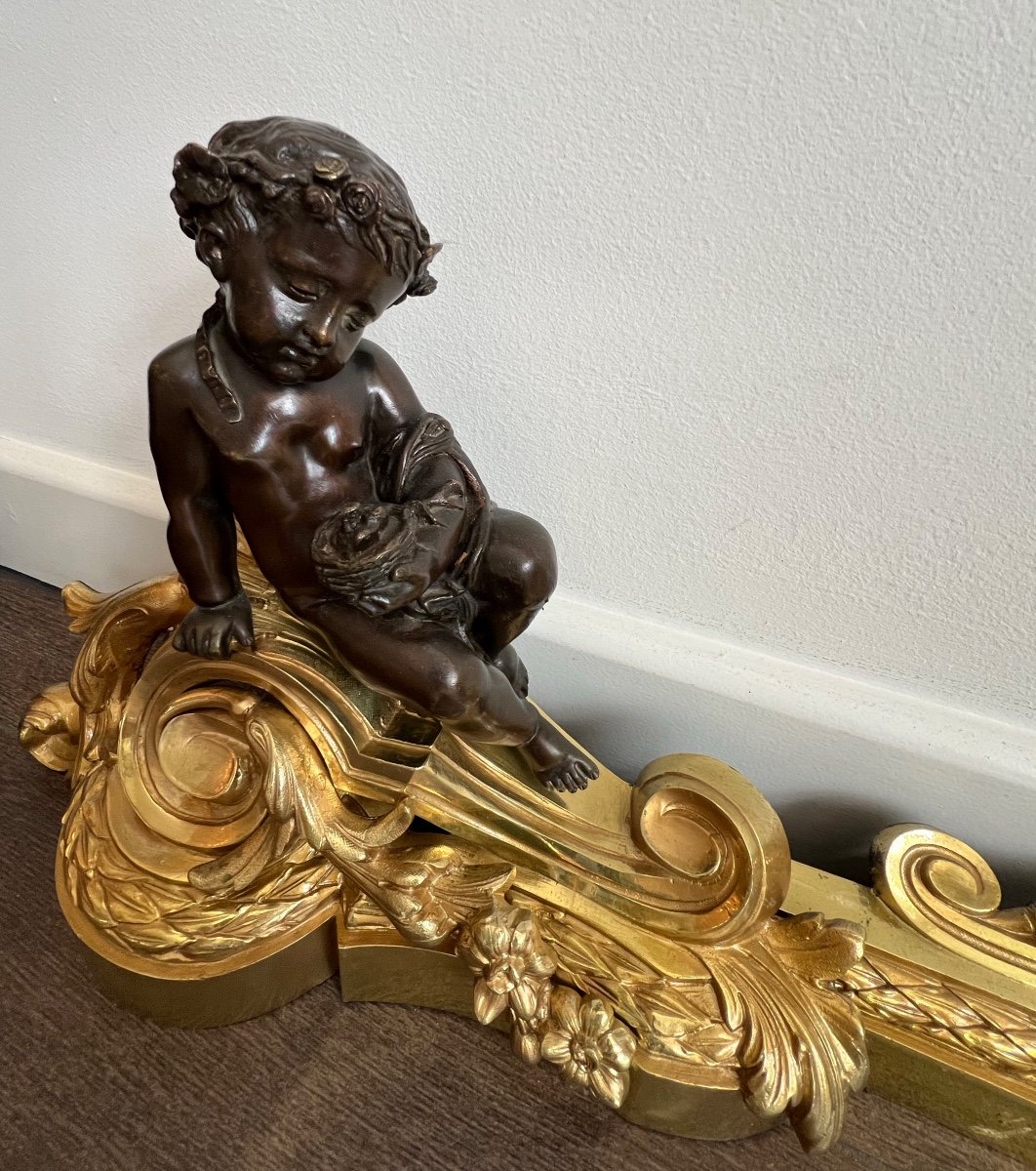 Fireplace Bar In Gilded Bronze With Brown Patina Decorated With Louis XVI Cherubs-photo-2