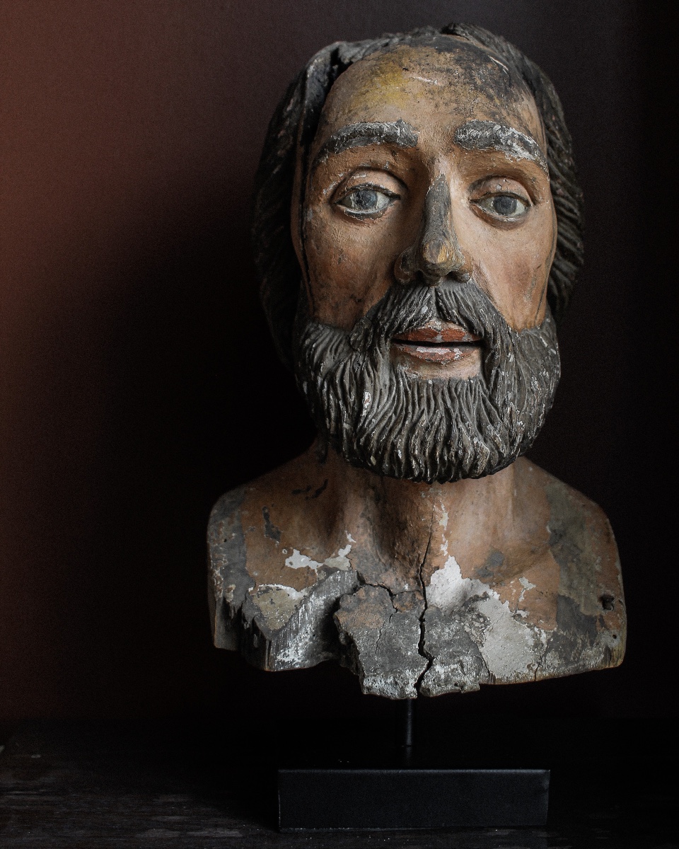 17th Century Polychrome Sculpted Bust Of Saint John The Baptist-photo-4