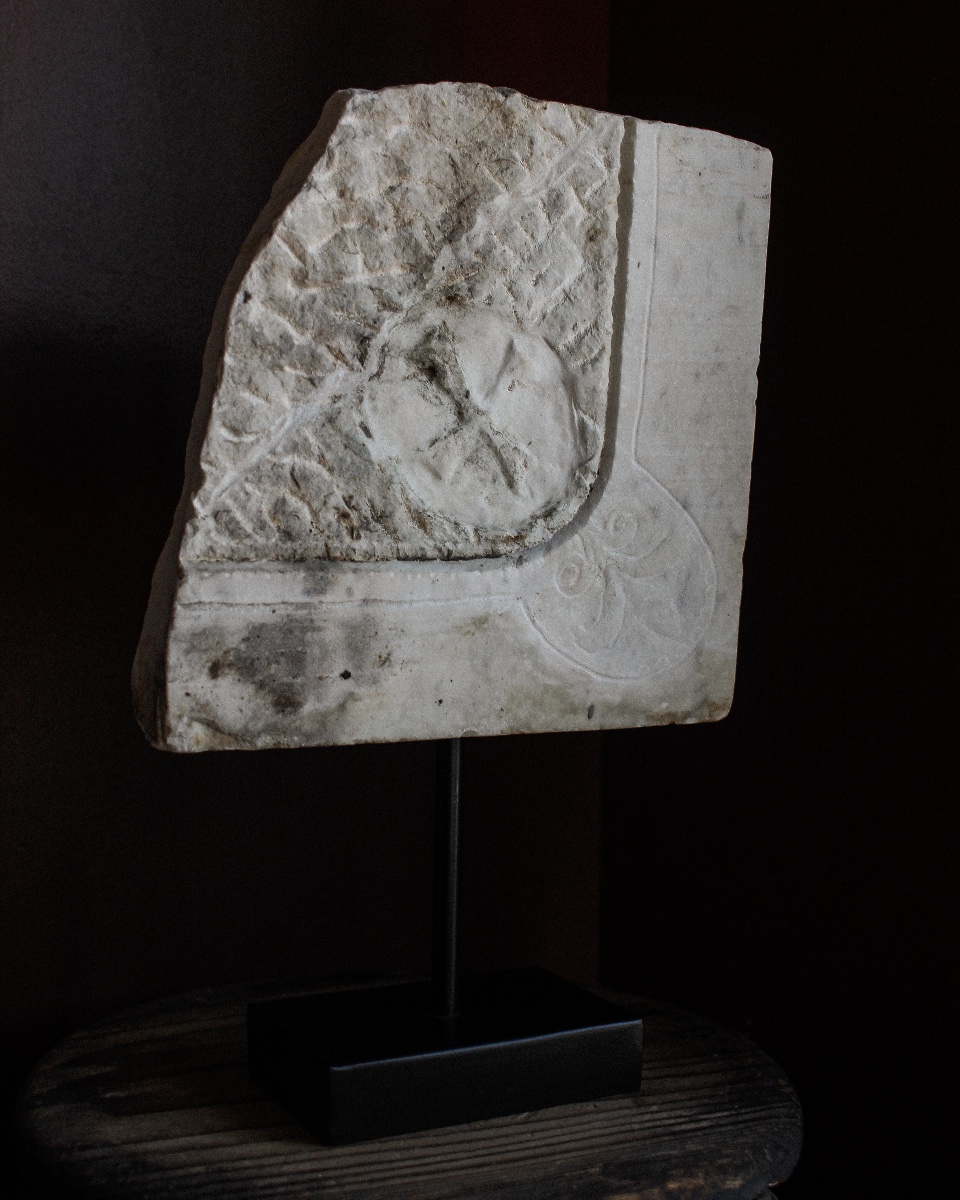 12th Century Italian Marble Architectural Fragment With Maltese Cross On Stand