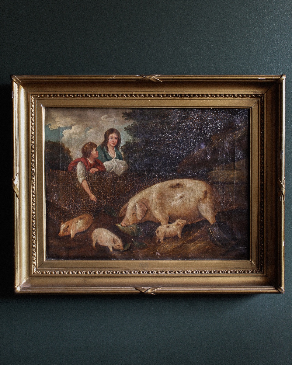 Pigs In A Stable, Circle Of George Morland (1763 - 1804), Oil On Canvas