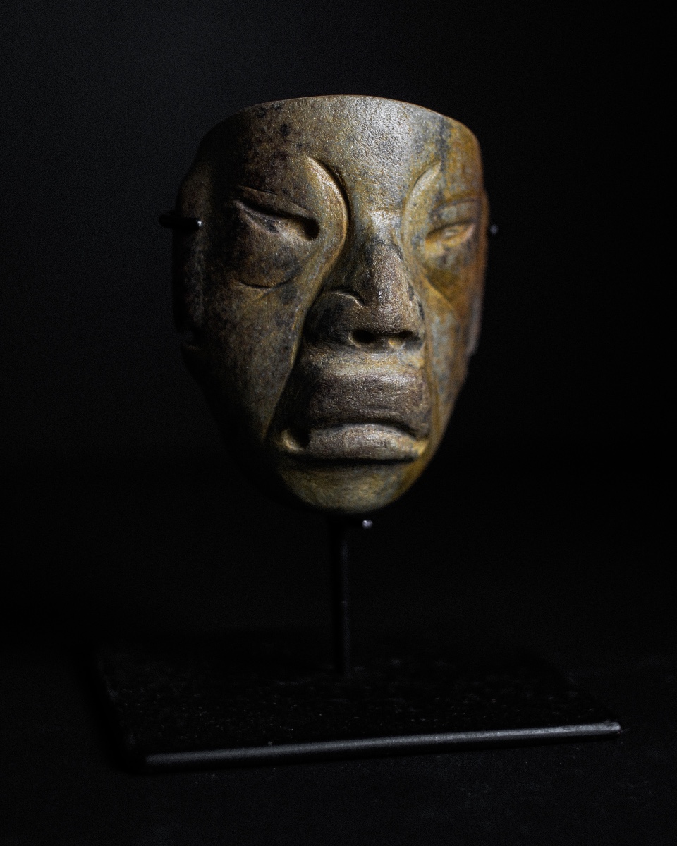 Olmec Mask In Green Stone On Stand