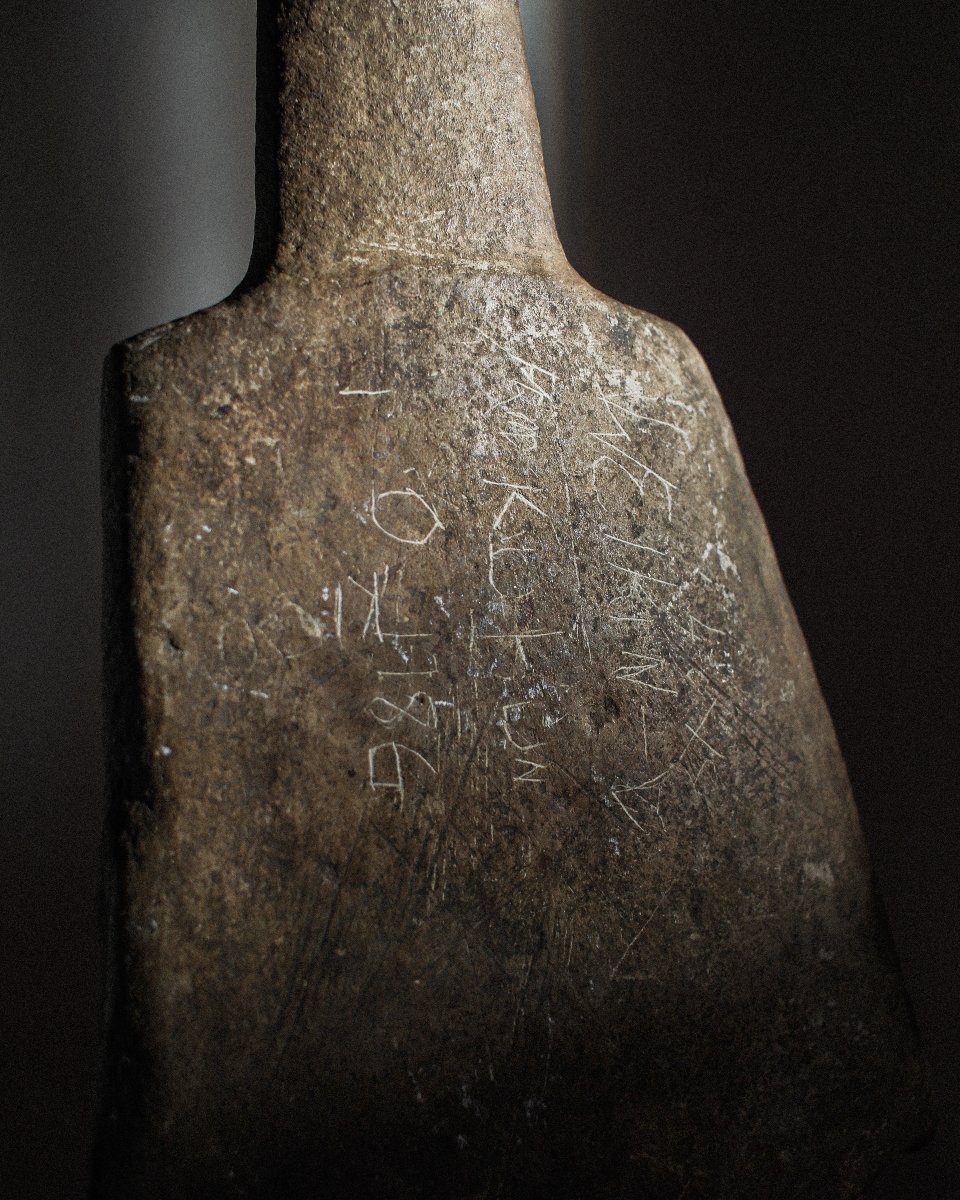 Monumental Neolithic Greywacke Toki Blade With Handle On Stand-photo-2