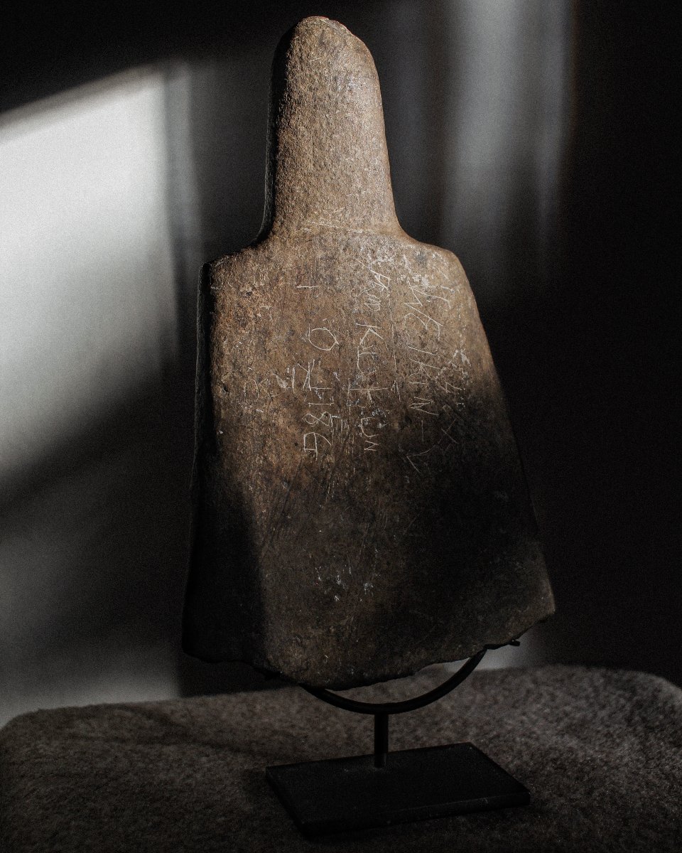Monumental Neolithic Greywacke Toki Blade With Handle On Stand
