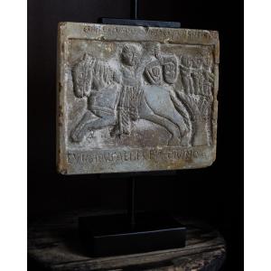 12th Century Marble Sculpture Depicting A Scene With Surrounding Engraving On A Stand