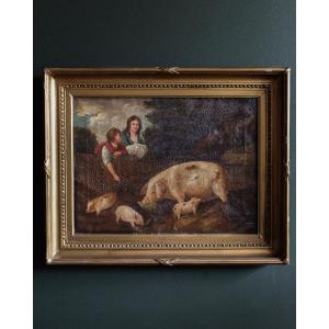 Cochons dans une étable, cercle de George Morland (1763 - 1804), huile sur toile