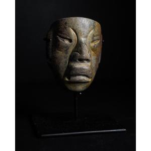 Olmec Mask In Green Stone On Stand