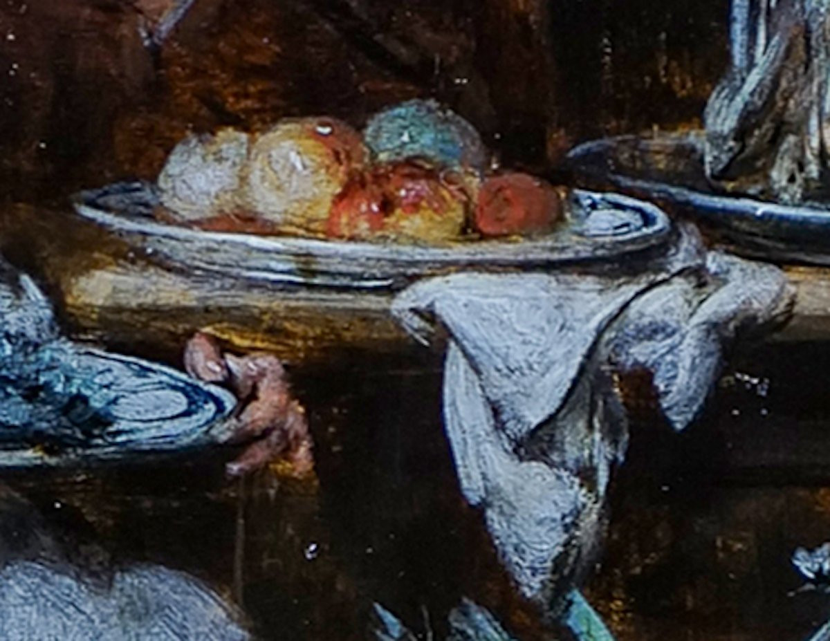 Scène de cuisine par Jean Baptiste Lambrechts (1680 - 1731) huile/panneau  26,5 X 22,3 cm -photo-2