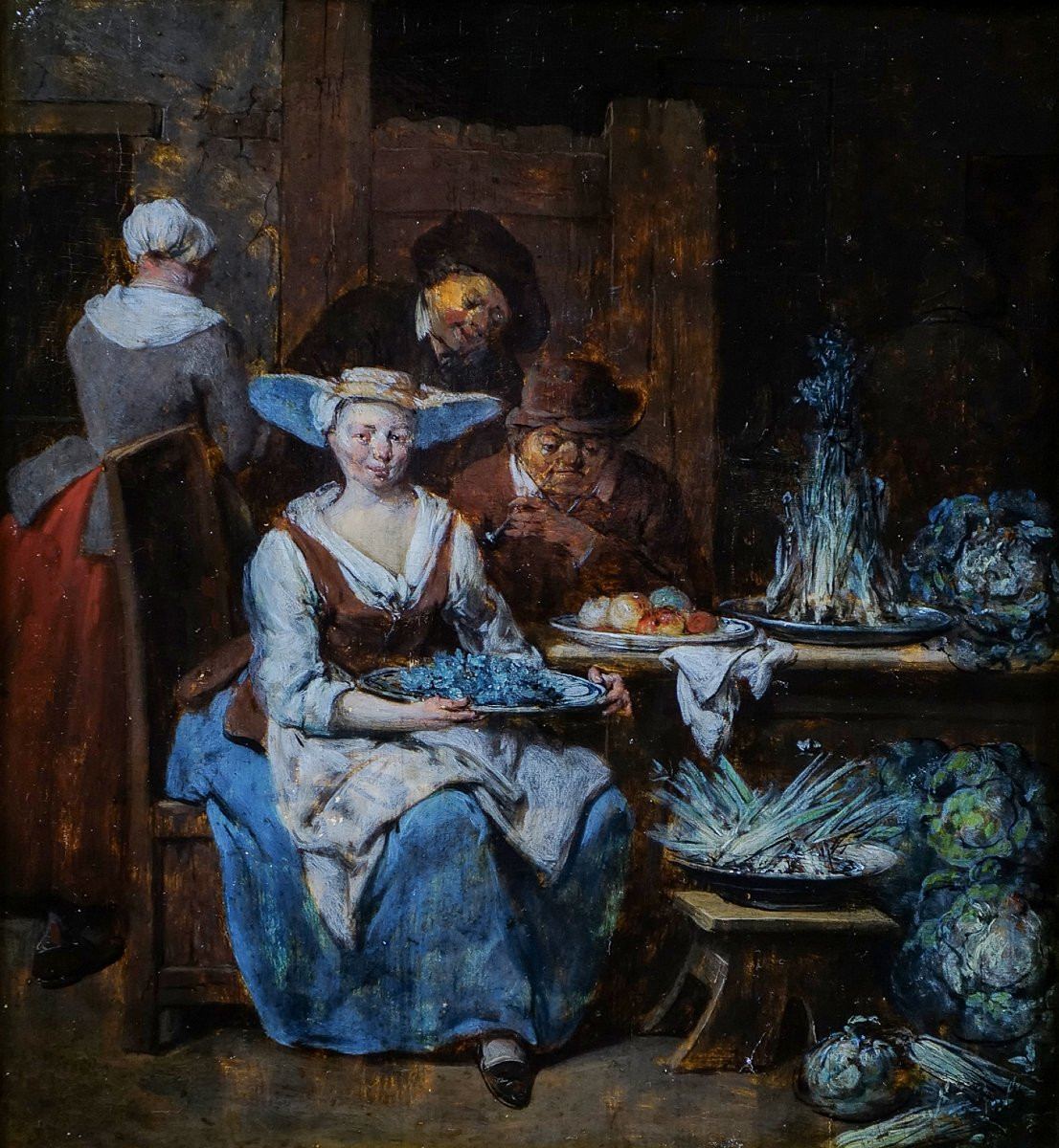 Scène de cuisine par Jean Baptiste Lambrechts (1680 - 1731) huile/panneau  26,5 X 22,3 cm -photo-3