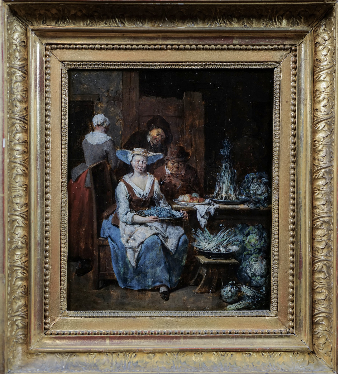 Scène de cuisine par Jean Baptiste Lambrechts (1680 - 1731) huile/panneau  26,5 X 22,3 cm 
