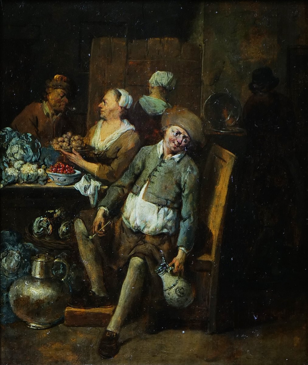 Scène de cuisine aux figures et légumes par Jan Baptist Lambrechts (1680–1731) - 26,5 X 22,3 cm-photo-2