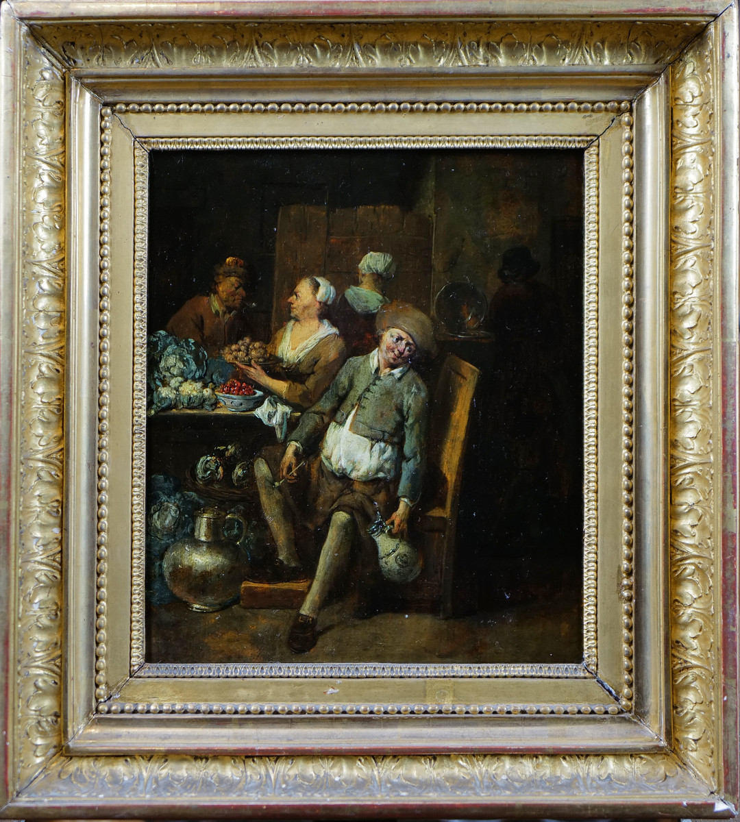 Scène de cuisine aux figures et légumes par Jan Baptist Lambrechts (1680–1731) - 26,5 X 22,3 cm