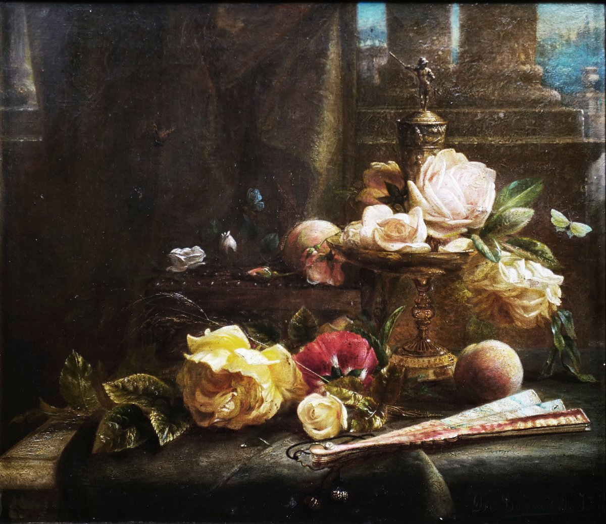 Nature morte aux roses, papillons et objets par P-L-Joseph De Coninck (1828–1910) 48 X 54 cm-photo-2