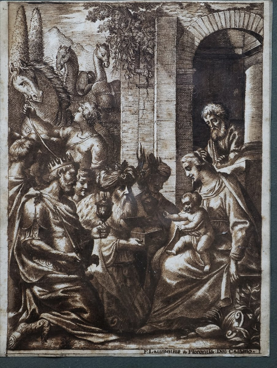 Dessin italien XVIIe dans un beau cadre XVIIe en ronce de noyer et laiton repoussé (39 X 32 cm)-photo-2