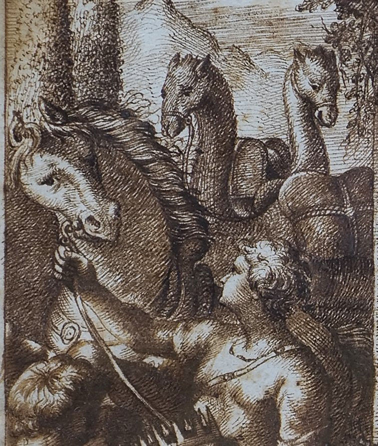Dessin italien XVIIe dans un beau cadre XVIIe en ronce de noyer et laiton repoussé (39 X 32 cm)-photo-3