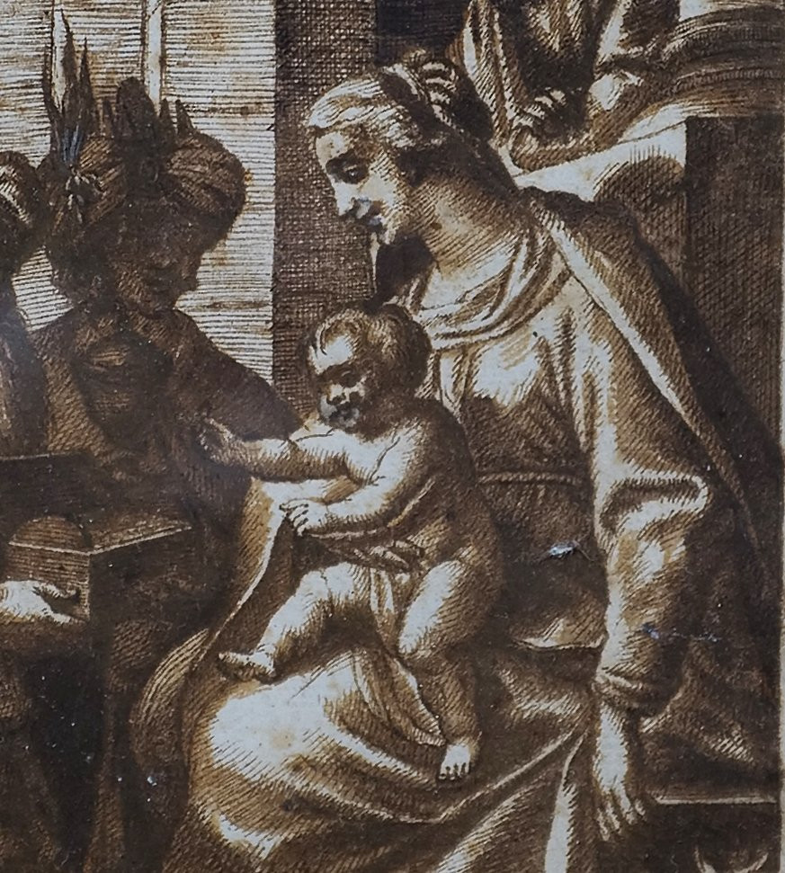Dessin italien XVIIe dans un beau cadre XVIIe en ronce de noyer et laiton repoussé (39 X 32 cm)-photo-4