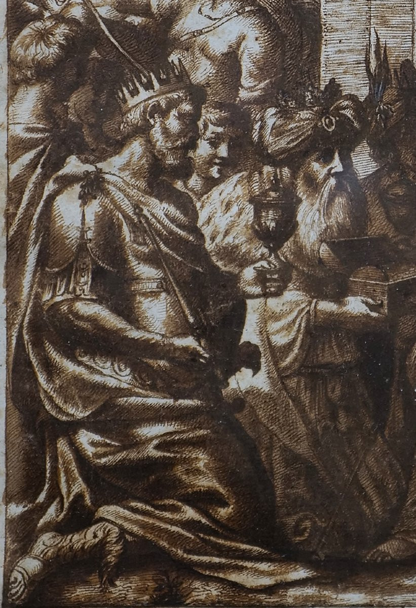 Dessin italien XVIIe dans un beau cadre XVIIe en ronce de noyer et laiton repoussé (39 X 32 cm)-photo-1