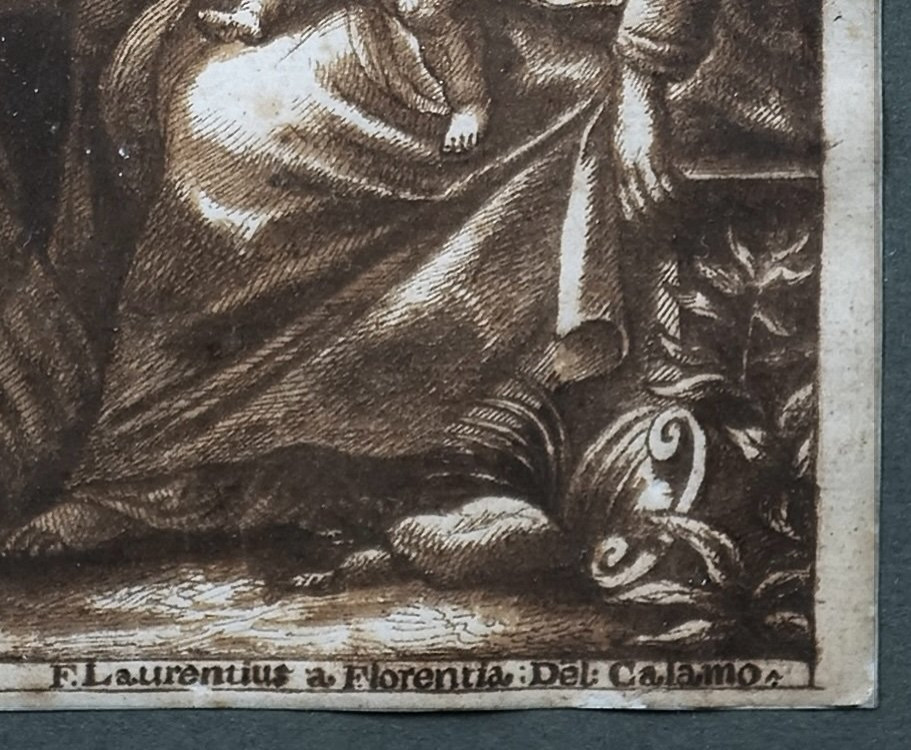 Dessin italien XVIIe dans un beau cadre XVIIe en ronce de noyer et laiton repoussé (39 X 32 cm)-photo-2