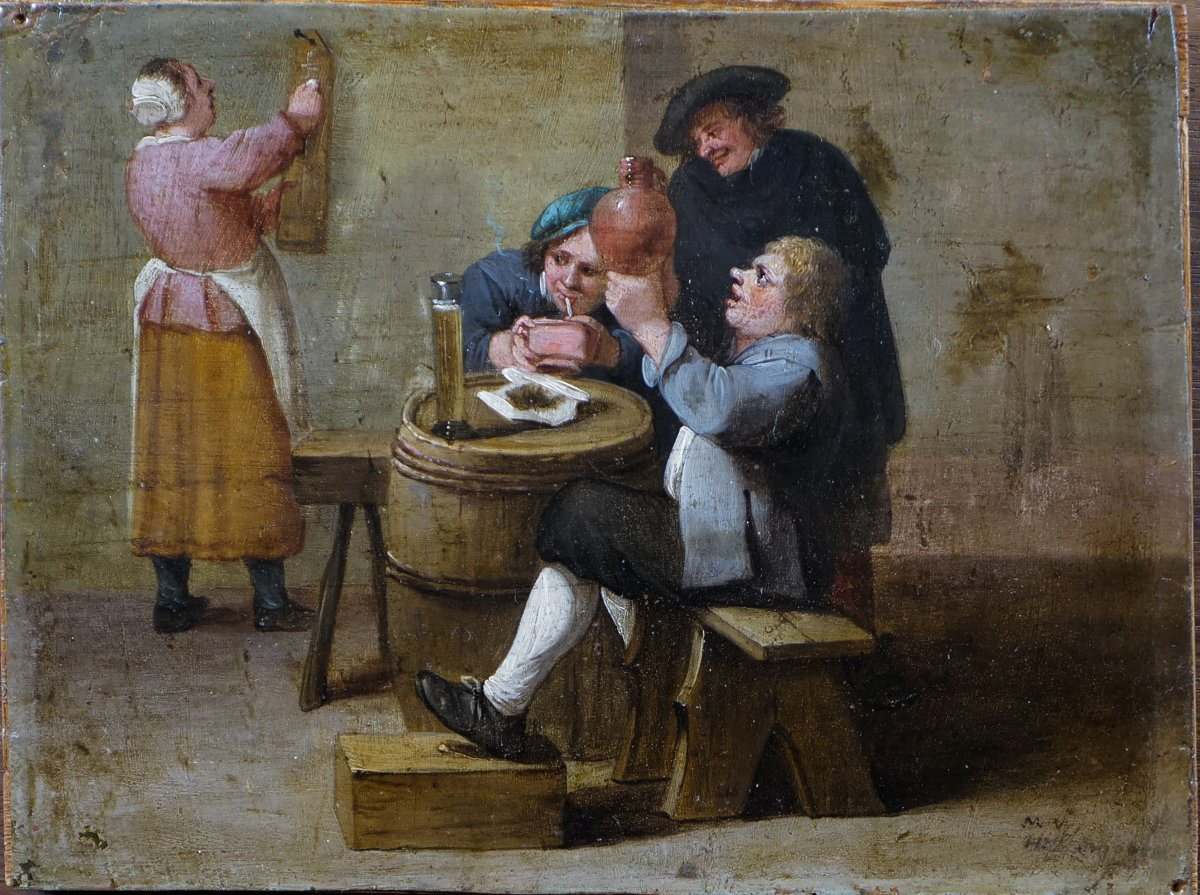 The Drinkers - Oil On Copper By Mattheus Van Helmont (1623 - C.1679) Size: 16.5 X 23 Cm-photo-3